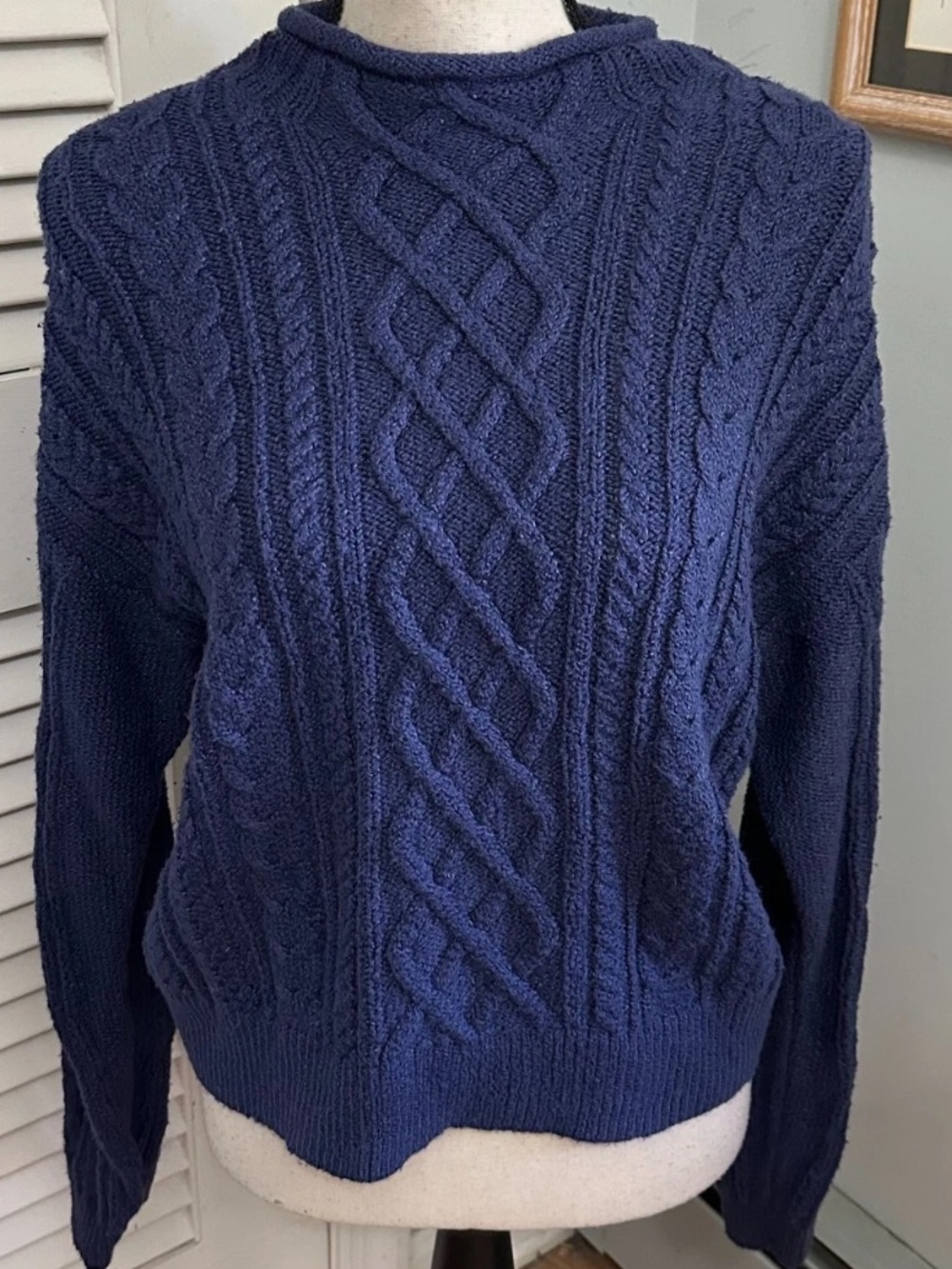 J Crew Womens Navy Roll Neck Cable Knit Fisherman Sweater Sz S New England